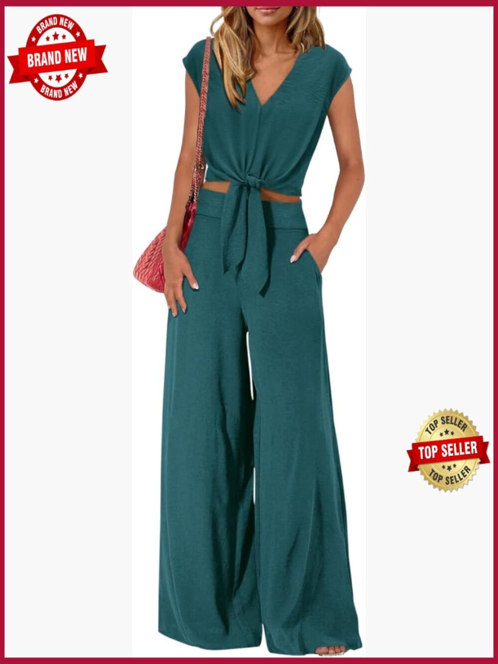 Women's Cap Sleeve V Neck Crop Top Wide Leg Pant Set - Summer Casual Tracksuit